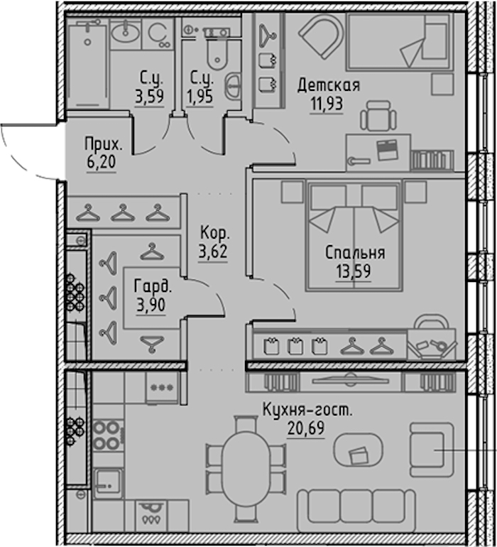 2-комнатная квартира 65.47 м², 9/10 эт., ЖК «LEGENDA Сампсониевский 32»